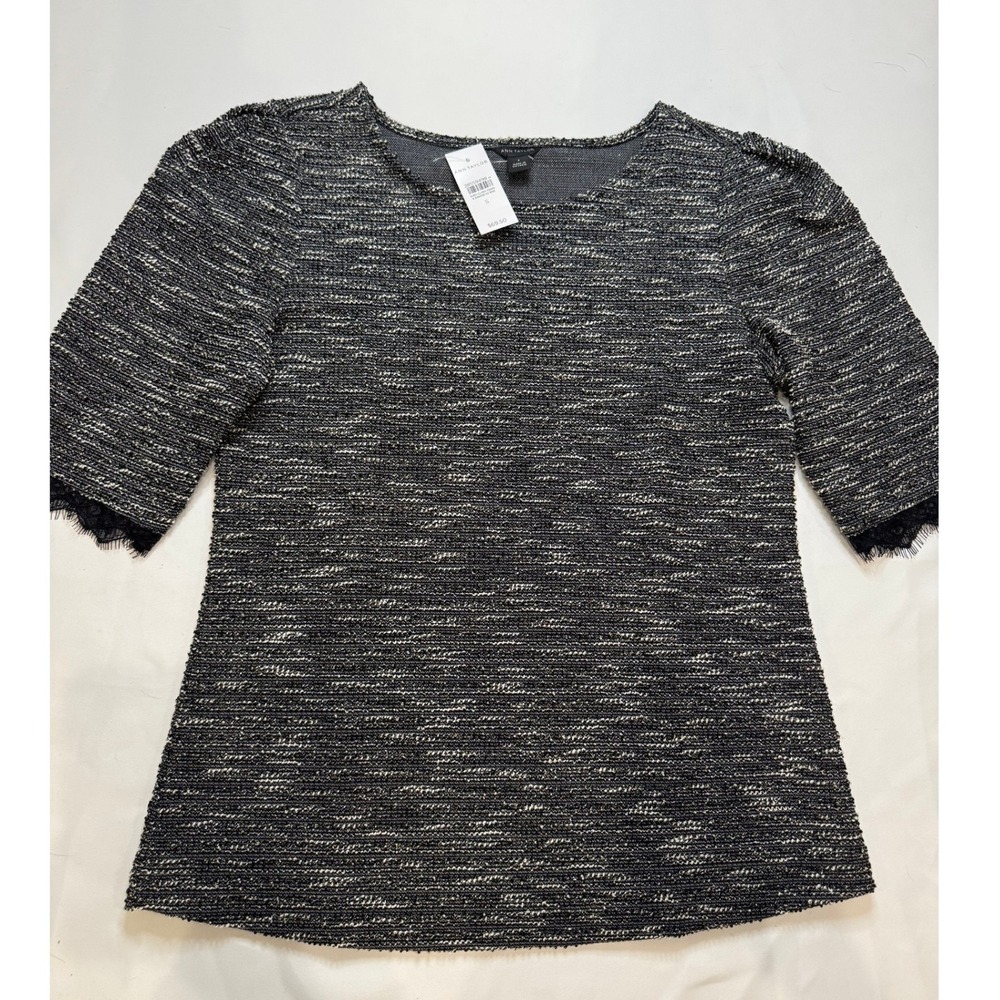 Ann Taylor Textured Knit Top Women S Black White New Lace Trim Short Sleeve
